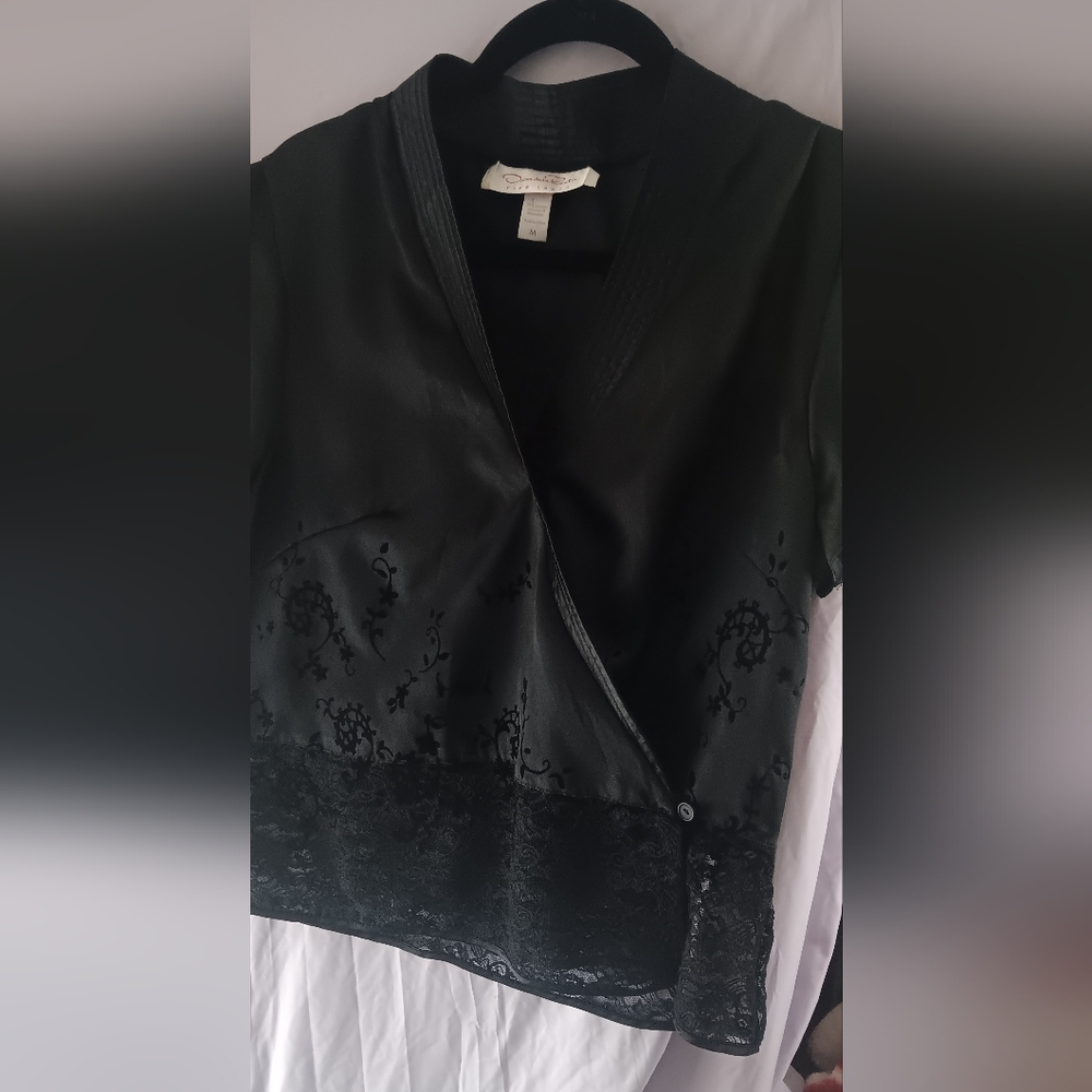 Oscar de la Renta Black Satin Lace Trim Wrap Top